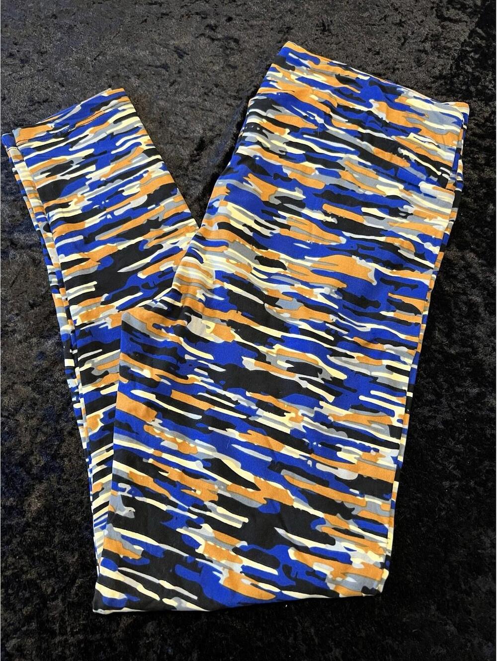 LuLaRoe Leggings Tall & Curvy TC Navy Blue Tan Gray Camo Striped High Rise NWOT